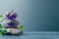 Raw amethyst crystal clusters stacked with green leaves on gray background, zen-like composition for wellness, meditation and alternative healing practices.