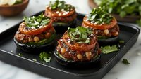 Grilled portobello mushroom caps topped with marinara sauce, melted cheese, fresh tomatoes and chopped herbs served on black plate, close up view of appetizer.