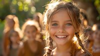 Young girl with bright blue eyes and braided hair smiling warmly at sunset, backlit with golden bokeh effect and blurred people in background. Natural outdoor portrait.