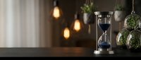 Hourglass with dark blue sand on a wooden table in a moody interior with warm Edison bulbs and hanging plants in the background.