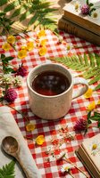 Cozy herbal tea cup on checkered tablecloth with wildflowers, fern leaves and vintage books creating warm rustic atmosphere for relaxation and reading moments.
