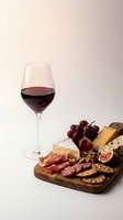 Elegant red wine glass with gourmet cheese and charcuterie board featuring grapes, figs, crackers and cured meats on neutral background for dining concepts.