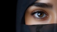 Close up view of expressive brown eye with long eyelashes and defined eyebrow of Middle Eastern woman wearing traditional black hijab, dramatic lighting creates mystery.