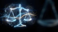 Glowing digital scales of justice with sparkling light effects and cosmic energy particles for legal technology and law firm concepts.
