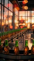 Beverage production line with amber glass bottles moving along conveyor system in modern factory with warm sunset lighting through industrial windows.