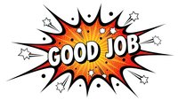 Comic book style explosion burst with Good Job text in white letters on orange and red starburst background with decorative stars and halftone dots.
