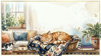 Watercolor cozy home scene with sleeping ginger cat on patterned blanket in basket and small kitten near food bowl, soft interior background.