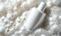 White cosmetic bottle floating in luxurious foam bubbles on light background, skincare and beauty product photography for spa and wellness advertising.