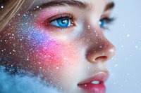 Magical makeup with pink and blue glitter sparkles around bright blue eyes on pale skin. Artistic beauty portrait with frost effect and dreamy cosmic glow.