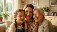 Three generations of Caucasian women laughing together at home, grandmother, mother, and granddaughter sharing a joyful family moment indoors.
