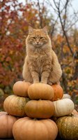 Orange tabby cat sitting on stack of pumpkins during autumn season with colorful fall foliage background for seasonal holiday decorations.