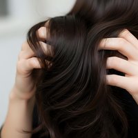 Woman with healthy shiny brown hair running fingers through silky strands showing hair care and beauty routine for salon and cosmetic advertising.