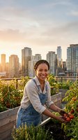 Woman farmer harvesting tomatoes in rooftop garden with urban skyline at sunset, suitable for agriculture, sustainability, and urban farming concepts.