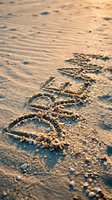 Word dream written in wet sand on a sunny beach with scattered shells, warm golden light, summer vacation and travel concept.