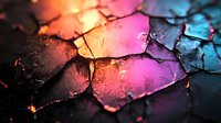 Cracked glass surface with vibrant neon pink and blue lighting creating dramatic shadows and reflections through broken fragments. Artistic macro photography.
