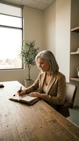 Mature woman with gray hair, Caucasian ethnicity, wearing a beige cardigan, writing in a notebook at a wooden desk in a modern office with natural light from a window, potted plant, and shelving.
