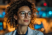 Young African American woman with curly hair and glasses in professional attire against blurred city lights background, conveying confidence and ambition.