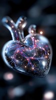 Transparent glass heart with glowing neural networks and sparkling lights inside, floating against dark blurred background for medical and technology concepts.