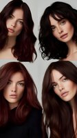 Young women with different shades of brunette hair showcase modern hairstyles and natural makeup looks in a beauty and fashion portrait collage. Professional salon styling.