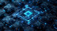 Futuristic glowing blue microchip on circuit board with digital connections, perfect for technology, artificial intelligence, and computing concept designs in modern business presentations.