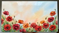 Watercolor poppy flowers border frame with soft pastel sky background for spring greeting cards, botanical art prints and floral design projects.