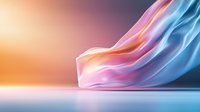Flowing silk fabric in pink and blue colors creates elegant waves against orange gradient background, soft studio lighting highlights smooth textile movement.