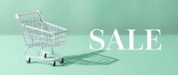 Miniature shopping cart with bold sale text on a mint green background, casting soft shadows for retail and e-commerce promotions.