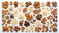 Assorted nuts including almonds, cashews, peanuts, and hazelnuts arranged on white background for food and nutrition design projects.