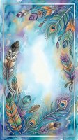 Watercolor boho feather frame with tribal patterns, peacock feathers, and beads on a blue background with copy space for text.