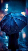 Blue umbrella with raindrops against dark night city lights, silhouette of person standing in rain creates moody atmospheric scene with bokeh reflections.