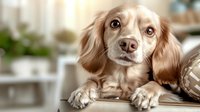 Adorable cream-colored dachshund mix puppy with long ears lying down and looking up with expressive brown eyes against blurred home interior background.
