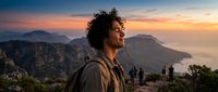 Young mixed-race man with curly hair enjoying sunset view from mountain peak during hiking adventure with dramatic sky and coastal landscape background.