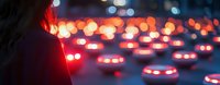 Blurred red brake lights of cars in evening traffic jam viewed from behind woman's silhouette, creating atmospheric urban bokeh effect at dusk.