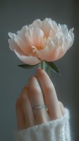 Delicate hand holding a blooming peach peony with layered petals and golden center against neutral background. Suitable for wedding, beauty, and lifestyle designs.