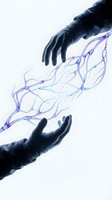 Hands in black gloves manipulating flowing purple and blue energy streams on white background for science fiction and fantasy concepts.