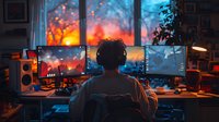 Young Asian male gamer silhouette at gaming setup with multiple monitors displaying sunset scenery, wearing headphones in moody room with ambient lighting and tech equipment.