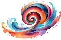 Vibrant spiral wave in orange, blue and purple watercolor with dynamic swirling motion, splashes and cosmic elements on white background, ready for creative projects.