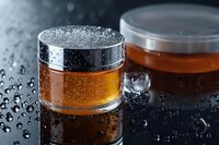 Luxury cosmetic cream jar with water drops on dark reflective surface. Golden moisturizer in premium glass container with metallic lid, dramatic studio lighting.