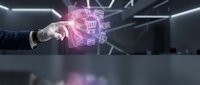 Business professional touching holographic digital interface with glowing icons and network connections in modern office environment.