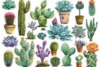 Watercolor collection of potted cacti and succulents with various shapes, colors, and flowering varieties on white background.