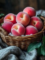 Fresh ripe peaches with rosy skin arranged in woven basket with gray fabric and green leaves, suitable for food photography, culinary content, and harvest themes.