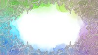 Ornate decorative frame with intricate swirls and flourishes in rainbow gradient colors surrounding white center space for text or design elements.