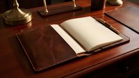 Open leather notebook with blank pages on wooden desk with brass scale of justice for legal professional writing and documentation.