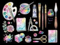 Watercolor painting supplies collection with palette, brushes, tubes, and artistic tools isolated on transparent background, ready for t-shirt design, clipart, stickers, and print-on-demand products.