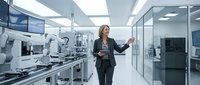 Woman in business attire presenting laboratory equipment in modern medical research facility with advanced diagnostic machines and glass partitions.
