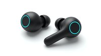 Pair of black wireless earbuds with cyan accent rings, isolated on white background. Suitable for tech product marketing, electronics advertising, and consumer audio equipment design projects.