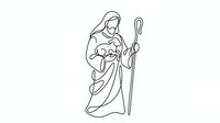 Shepherd holding lamb in continuous line art style on white background isolated for religious designs and Christmas nativity illustrations.