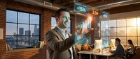 Professional businessman interacting with holographic financial data display in modern office environment with city skyline view and colleagues working.