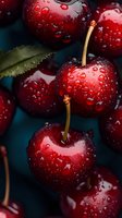 Fresh ripe cherries with water drops on dark background, macro shot showing juicy red fruit texture and natural stems with green leaves.