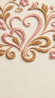 Elegant embroidered floral pattern with pink and gold thread on cream fabric. Decorative needlework featuring hearts, leaves and swirls for textile design projects.